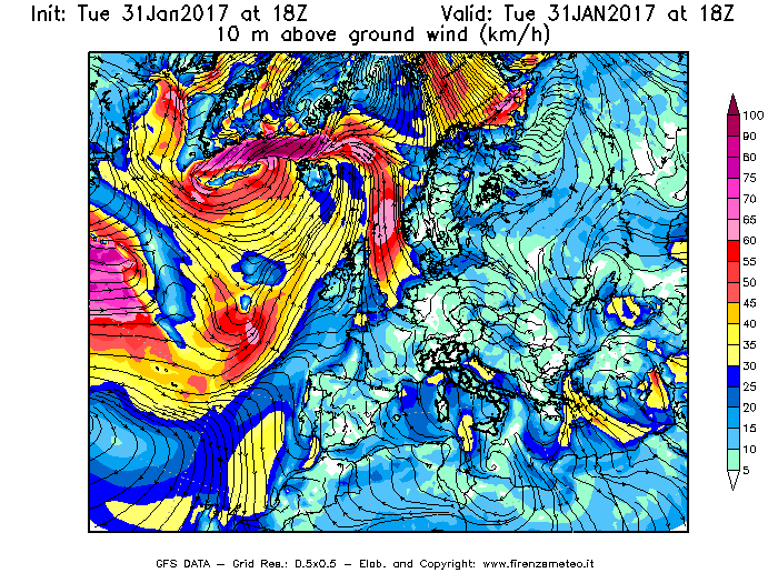 Mappa di analisi GFS - Velocità del vento a 10 metri dal suolo [km/h] in Europa
							del 31/01/2017 18 <!--googleoff: index-->UTC<!--googleon: index-->
