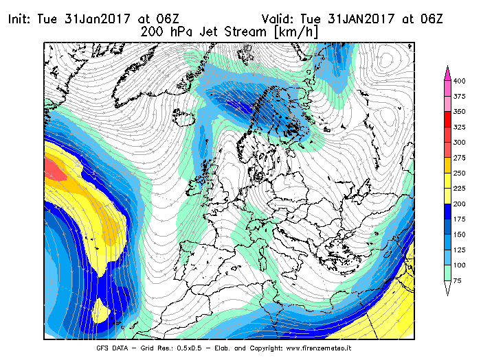 Mappa di analisi GFS - Jet Stream a 200 hPa in Europa
							del 31/01/2017 06 <!--googleoff: index-->UTC<!--googleon: index-->