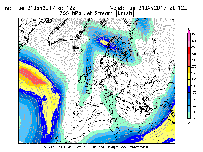 Mappa di analisi GFS - Jet Stream a 200 hPa in Europa
							del 31/01/2017 12 <!--googleoff: index-->UTC<!--googleon: index-->
