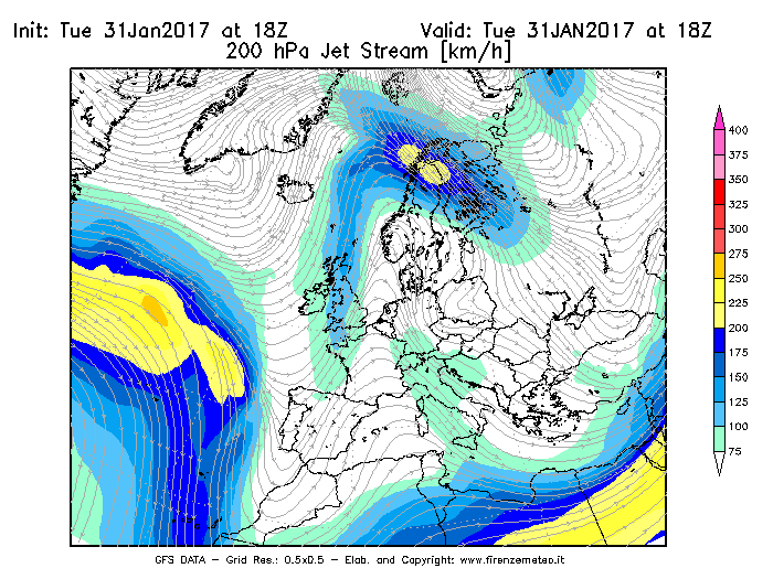 Mappa di analisi GFS - Jet Stream a 200 hPa in Europa
							del 31/01/2017 18 <!--googleoff: index-->UTC<!--googleon: index-->