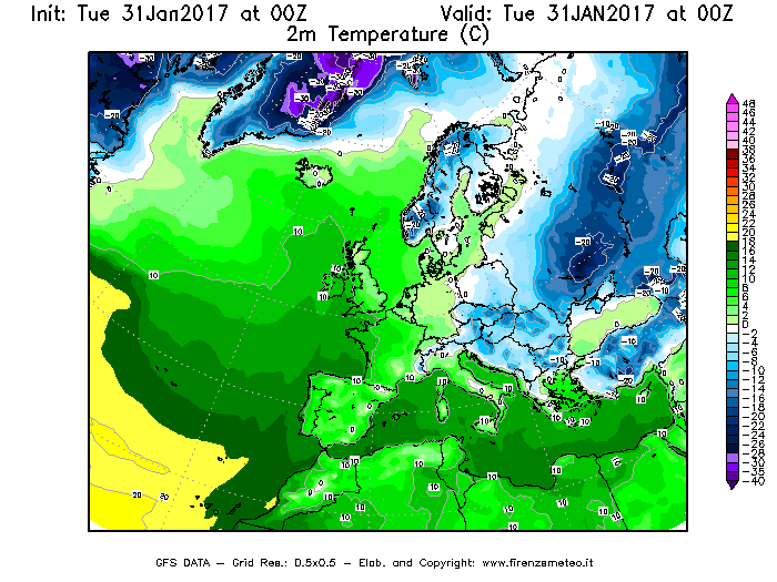 Mappa di analisi GFS - Temperatura a 2 metri dal suolo [°C] in Europa
							del 31/01/2017 00 <!--googleoff: index-->UTC<!--googleon: index-->