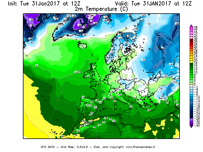 Mappa di analisi GFS - Temperatura a 2 metri dal suolo [°C] in Europa
							del 31/01/2017 12 <!--googleoff: index-->UTC<!--googleon: index-->