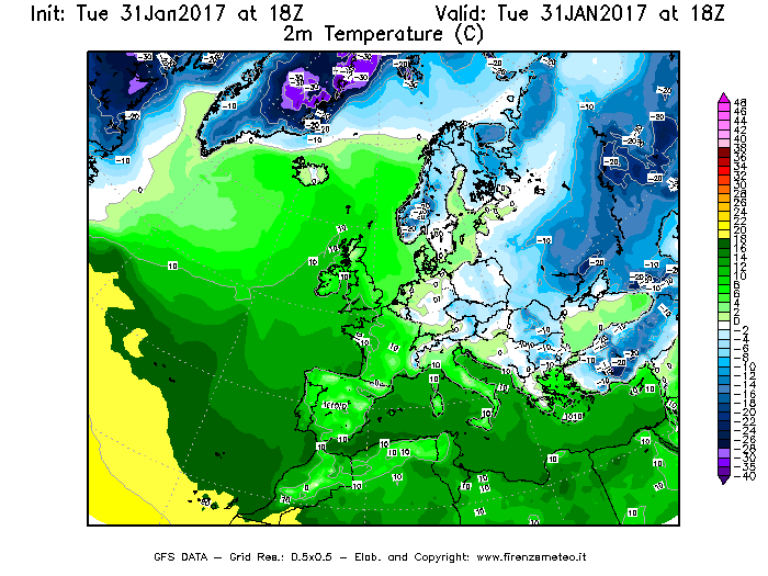 Mappa di analisi GFS - Temperatura a 2 metri dal suolo [°C] in Europa
							del 31/01/2017 18 <!--googleoff: index-->UTC<!--googleon: index-->