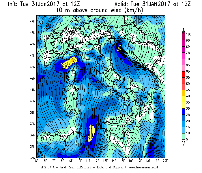 Mappa di analisi GFS - Velocità del vento a 10 metri dal suolo [km/h] in Italia
							del 31/01/2017 12 <!--googleoff: index-->UTC<!--googleon: index-->