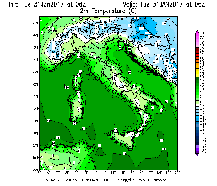 Mappa di analisi GFS - Temperatura a 2 metri dal suolo [°C] in Italia
							del 31/01/2017 06 <!--googleoff: index-->UTC<!--googleon: index-->