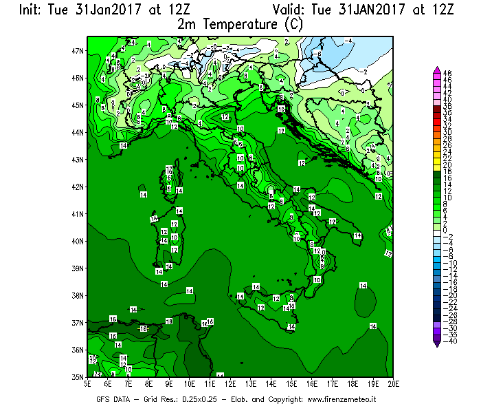 Mappa di analisi GFS - Temperatura a 2 metri dal suolo [°C] in Italia
							del 31/01/2017 12 <!--googleoff: index-->UTC<!--googleon: index-->