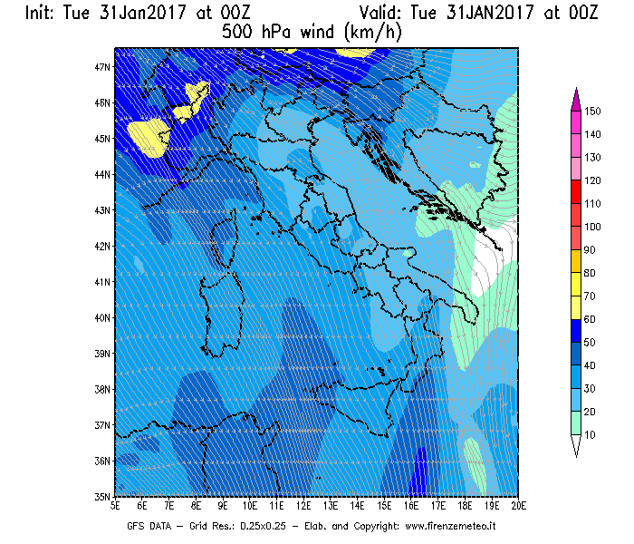 Mappa di analisi GFS - Velocità del vento a 500 hPa [km/h] in Italia
							del 31/01/2017 00 <!--googleoff: index-->UTC<!--googleon: index-->