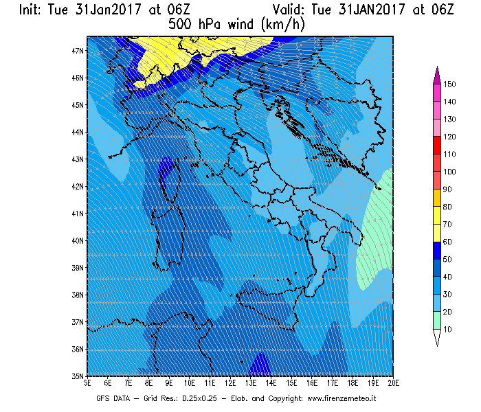 Mappa di analisi GFS - Velocità del vento a 500 hPa [km/h] in Italia
							del 31/01/2017 06 <!--googleoff: index-->UTC<!--googleon: index-->