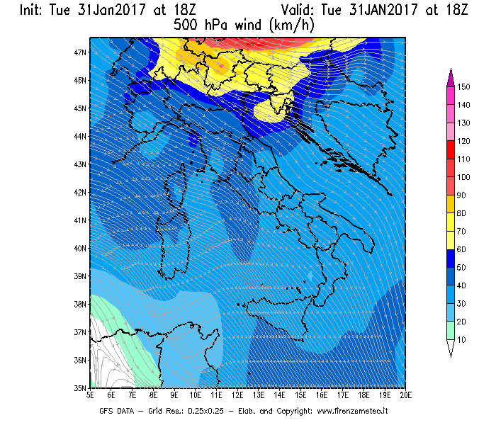Mappa di analisi GFS - Velocità del vento a 500 hPa [km/h] in Italia
							del 31/01/2017 18 <!--googleoff: index-->UTC<!--googleon: index-->