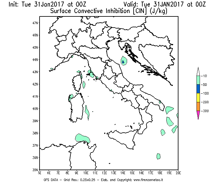 Mappa di analisi GFS - CIN [J/kg] in Italia
							del 31/01/2017 00 <!--googleoff: index-->UTC<!--googleon: index-->