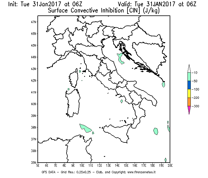 Mappa di analisi GFS - CIN [J/kg] in Italia
							del 31/01/2017 06 <!--googleoff: index-->UTC<!--googleon: index-->