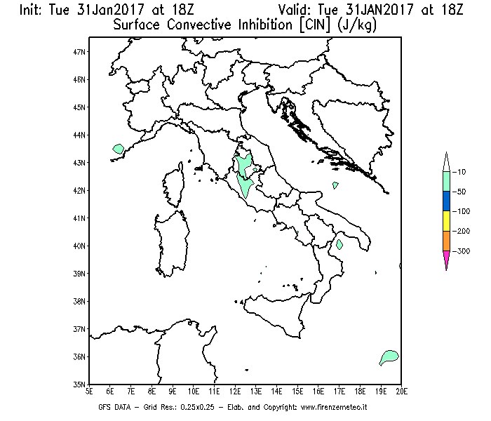 Mappa di analisi GFS - CIN [J/kg] in Italia
							del 31/01/2017 18 <!--googleoff: index-->UTC<!--googleon: index-->