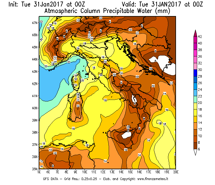 Mappa di analisi GFS - Precipitable Water [mm] in Italia
							del 31/01/2017 00 <!--googleoff: index-->UTC<!--googleon: index-->