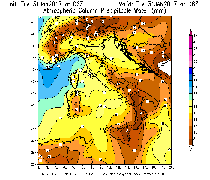 Mappa di analisi GFS - Precipitable Water [mm] in Italia
							del 31/01/2017 06 <!--googleoff: index-->UTC<!--googleon: index-->