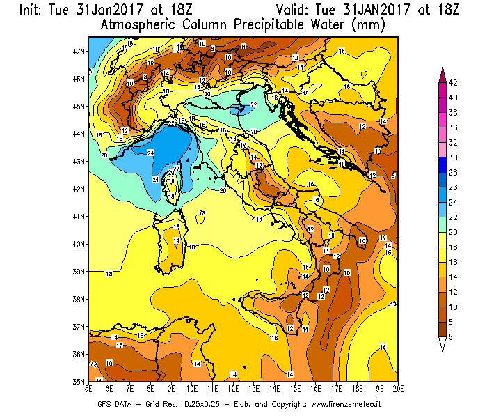 Mappa di analisi GFS - Precipitable Water [mm] in Italia
							del 31/01/2017 18 <!--googleoff: index-->UTC<!--googleon: index-->