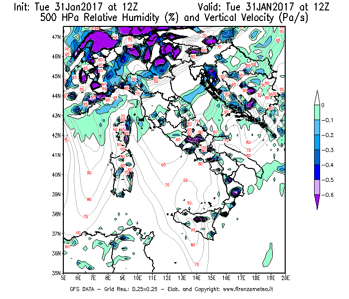 Mappa di analisi GFS - Umidità relativa [%] e Omega [Pa/s] a 500 hPa in Italia
							del 31/01/2017 12 <!--googleoff: index-->UTC<!--googleon: index-->