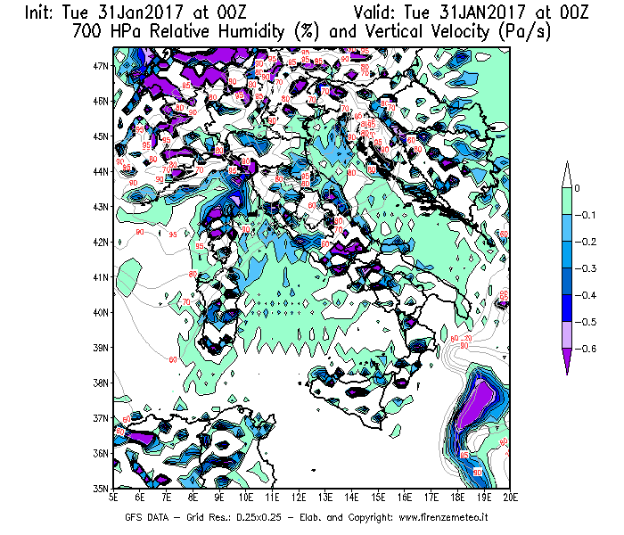 Mappa di analisi GFS - Umidità relativa [%] e Omega [Pa/s] a 700 hPa in Italia
							del 31/01/2017 00 <!--googleoff: index-->UTC<!--googleon: index-->