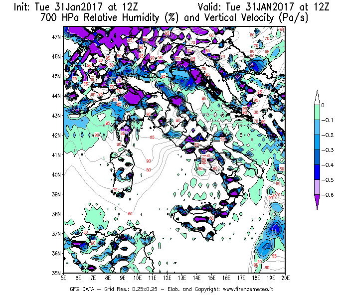Mappa di analisi GFS - Umidità relativa [%] e Omega [Pa/s] a 700 hPa in Italia
							del 31/01/2017 12 <!--googleoff: index-->UTC<!--googleon: index-->