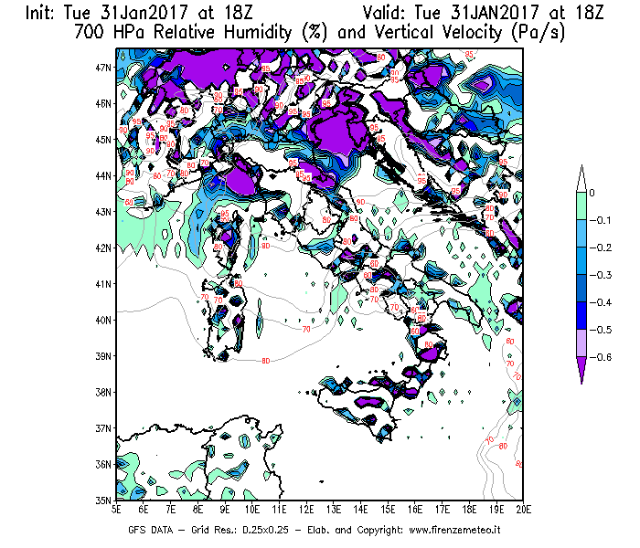 Mappa di analisi GFS - Umidità relativa [%] e Omega [Pa/s] a 700 hPa in Italia
							del 31/01/2017 18 <!--googleoff: index-->UTC<!--googleon: index-->
