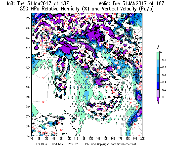 Mappa di analisi GFS - Umidità relativa [%] e Omega [Pa/s] a 850 hPa in Italia
							del 31/01/2017 18 <!--googleoff: index-->UTC<!--googleon: index-->