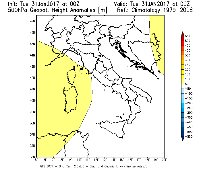 Mappa di analisi GFS - Anomalia di Geopotenziale a 500 hPa in Italia
							del 31/01/2017 00 <!--googleoff: index-->UTC<!--googleon: index-->