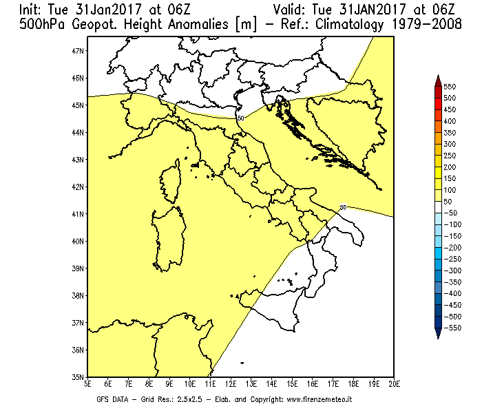 Mappa di analisi GFS - Anomalia di Geopotenziale a 500 hPa in Italia
							del 31/01/2017 06 <!--googleoff: index-->UTC<!--googleon: index-->