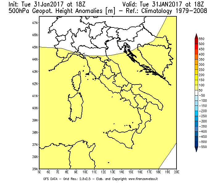 Mappa di analisi GFS - Anomalia di Geopotenziale a 500 hPa in Italia
							del 31/01/2017 18 <!--googleoff: index-->UTC<!--googleon: index-->