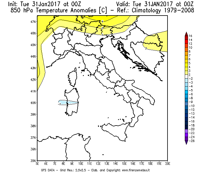 Mappa di analisi GFS - Anomalia Temperatura [°C] a 850 hPa in Italia
							del 31/01/2017 00 <!--googleoff: index-->UTC<!--googleon: index-->