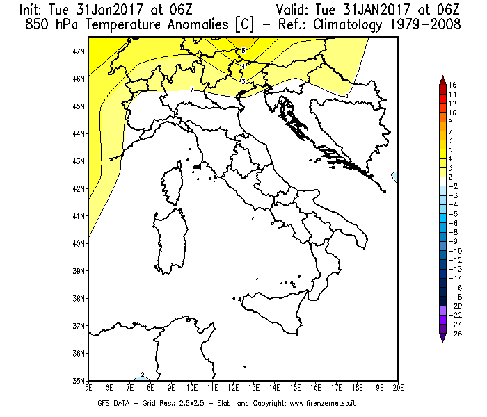 Mappa di analisi GFS - Anomalia Temperatura [°C] a 850 hPa in Italia
							del 31/01/2017 06 <!--googleoff: index-->UTC<!--googleon: index-->