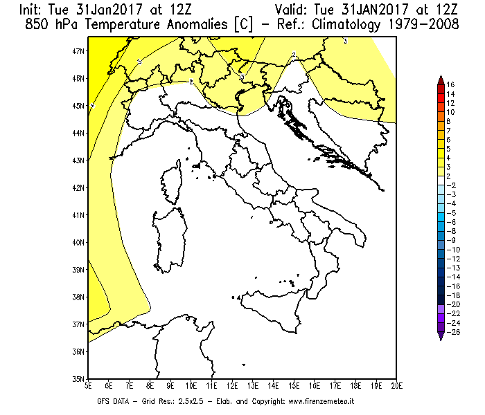 Mappa di analisi GFS - Anomalia Temperatura [°C] a 850 hPa in Italia
							del 31/01/2017 12 <!--googleoff: index-->UTC<!--googleon: index-->