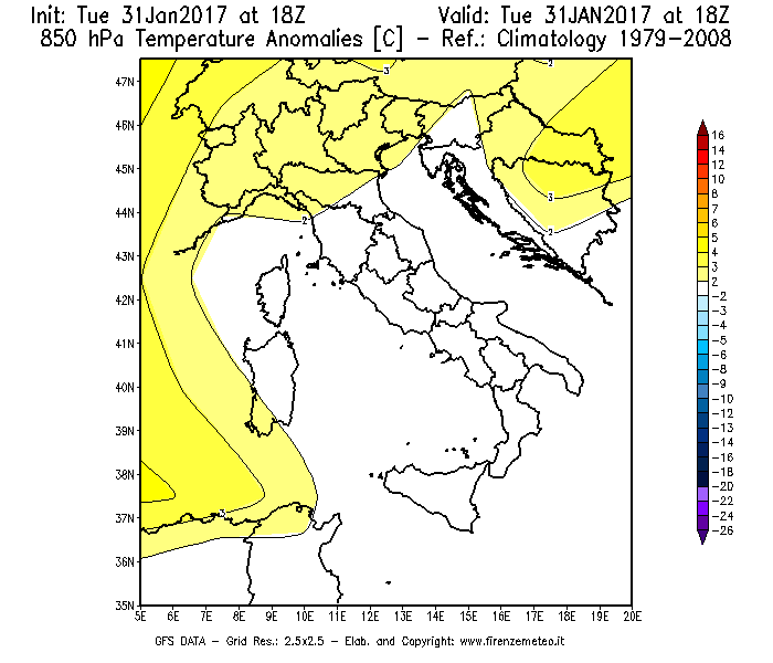 Mappa di analisi GFS - Anomalia Temperatura [°C] a 850 hPa in Italia
							del 31/01/2017 18 <!--googleoff: index-->UTC<!--googleon: index-->