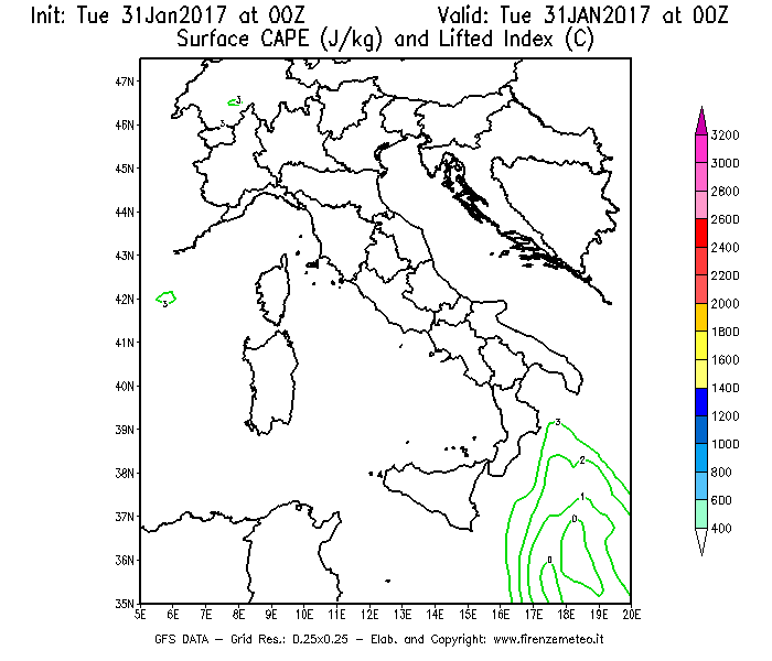 Mappa di analisi GFS - CAPE [J/kg] e Lifted Index [°C] in Italia
							del 31/01/2017 00 <!--googleoff: index-->UTC<!--googleon: index-->