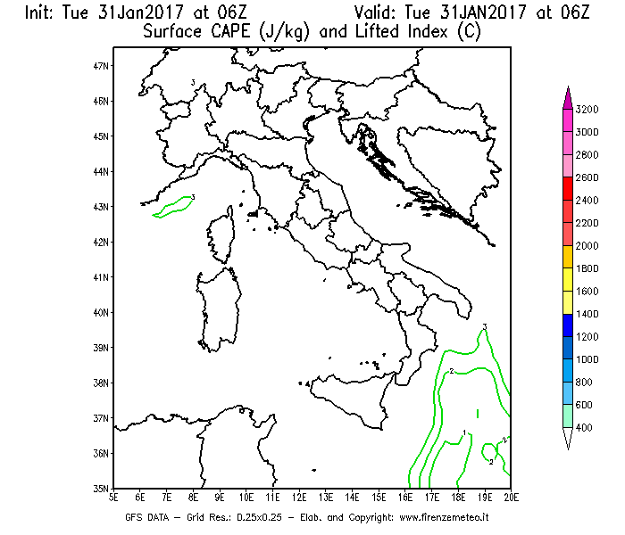 Mappa di analisi GFS - CAPE [J/kg] e Lifted Index [°C] in Italia
							del 31/01/2017 06 <!--googleoff: index-->UTC<!--googleon: index-->