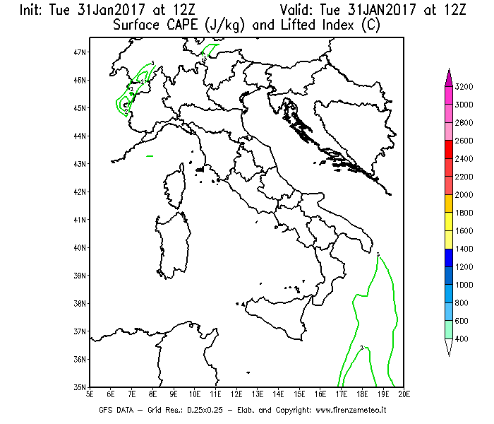 Mappa di analisi GFS - CAPE [J/kg] e Lifted Index [°C] in Italia
							del 31/01/2017 12 <!--googleoff: index-->UTC<!--googleon: index-->