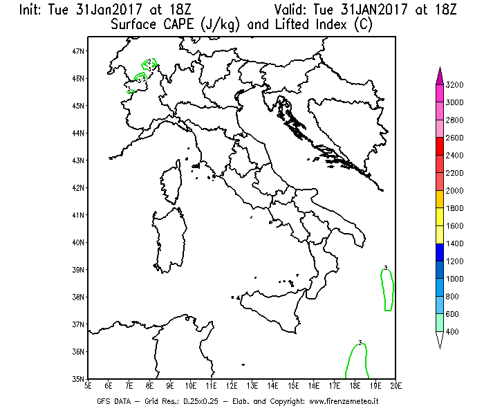 Mappa di analisi GFS - CAPE [J/kg] e Lifted Index [°C] in Italia
							del 31/01/2017 18 <!--googleoff: index-->UTC<!--googleon: index-->