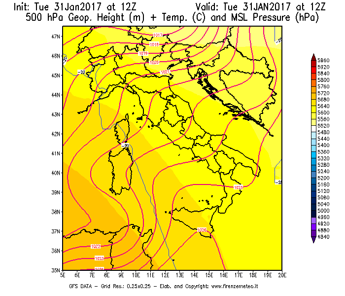 Mappa di analisi GFS - Geopotenziale [m] + Temp. [°C] a 500 hPa + Press. a livello del mare [hPa] in Italia
							del 31/01/2017 12 <!--googleoff: index-->UTC<!--googleon: index-->