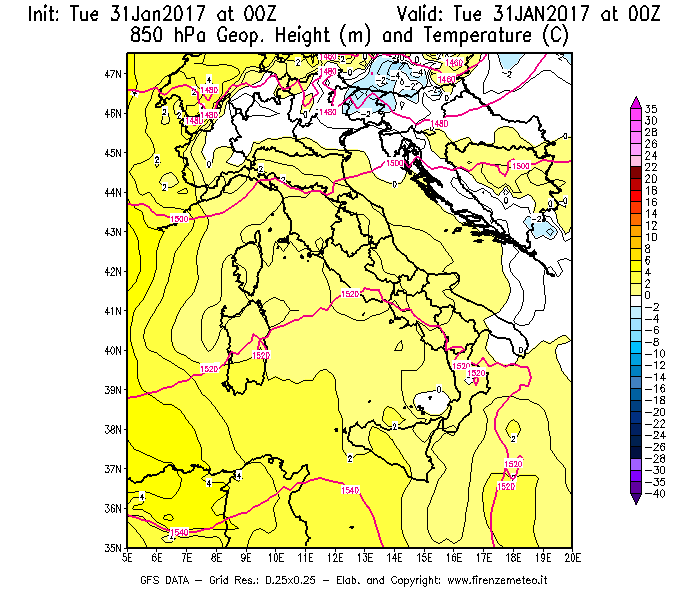 Mappa di analisi GFS - Geopotenziale [m] e Temperatura [°C] a 850 hPa in Italia
							del 31/01/2017 00 <!--googleoff: index-->UTC<!--googleon: index-->