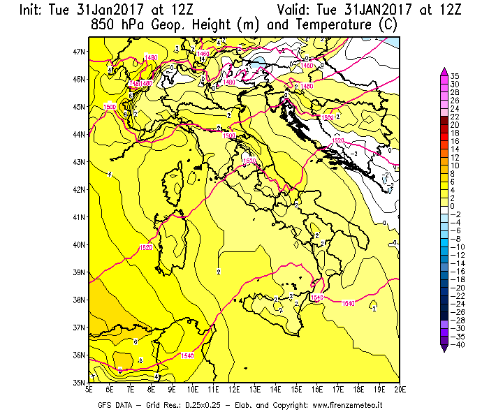 Mappa di analisi GFS - Geopotenziale [m] e Temperatura [°C] a 850 hPa in Italia
							del 31/01/2017 12 <!--googleoff: index-->UTC<!--googleon: index-->