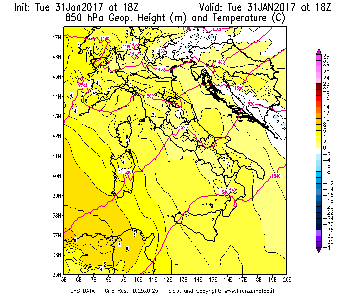 Mappa di analisi GFS - Geopotenziale [m] e Temperatura [°C] a 850 hPa in Italia
							del 31/01/2017 18 <!--googleoff: index-->UTC<!--googleon: index-->