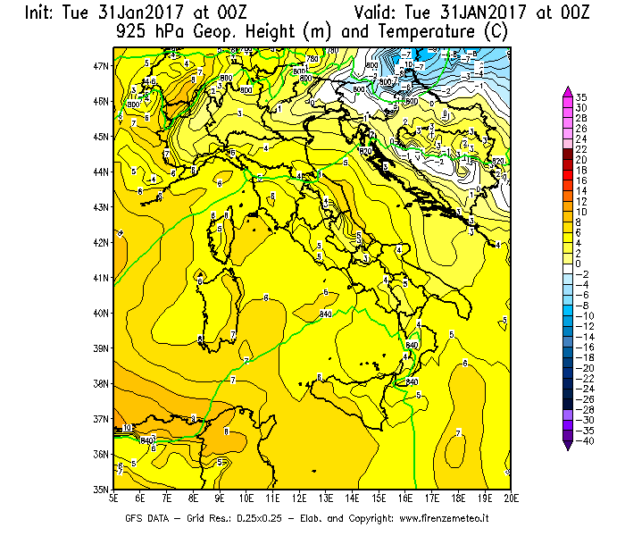 Mappa di analisi GFS - Geopotenziale [m] e Temperatura [°C] a 925 hPa in Italia
							del 31/01/2017 00 <!--googleoff: index-->UTC<!--googleon: index-->