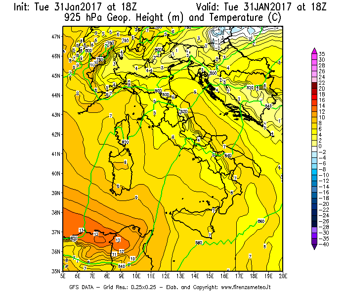 Mappa di analisi GFS - Geopotenziale [m] e Temperatura [°C] a 925 hPa in Italia
							del 31/01/2017 18 <!--googleoff: index-->UTC<!--googleon: index-->