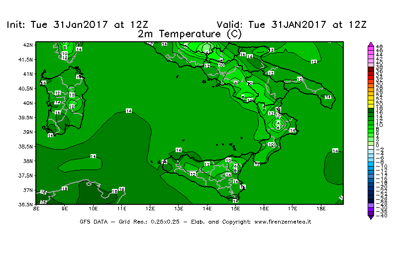 Mappa di analisi GFS - Temperatura a 2 metri dal suolo [°C] in Sud-Italia
							del 31/01/2017 12 <!--googleoff: index-->UTC<!--googleon: index-->