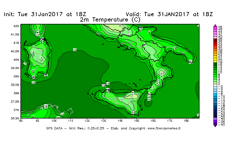 Mappa di analisi GFS - Temperatura a 2 metri dal suolo [°C] in Sud-Italia
							del 31/01/2017 18 <!--googleoff: index-->UTC<!--googleon: index-->