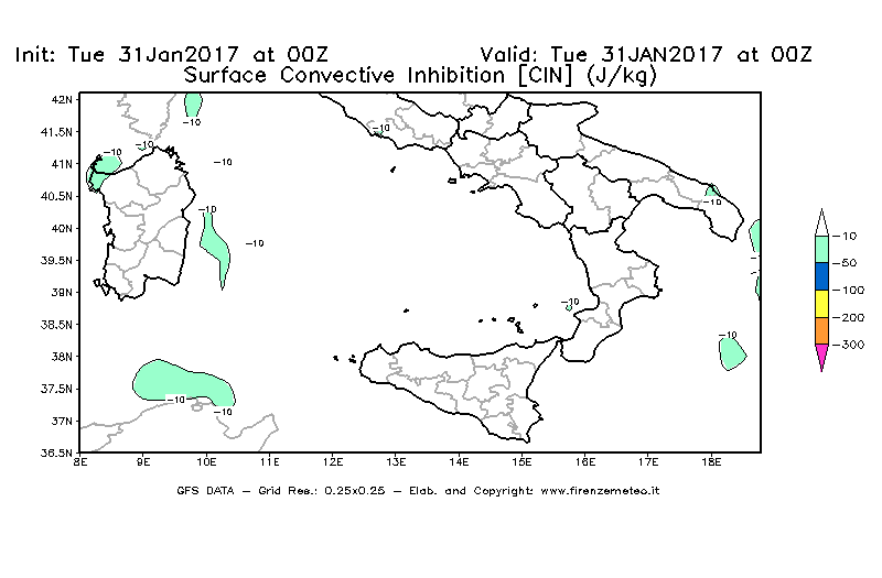Mappa di analisi GFS - CIN [J/kg] in Sud-Italia
							del 31/01/2017 00 <!--googleoff: index-->UTC<!--googleon: index-->