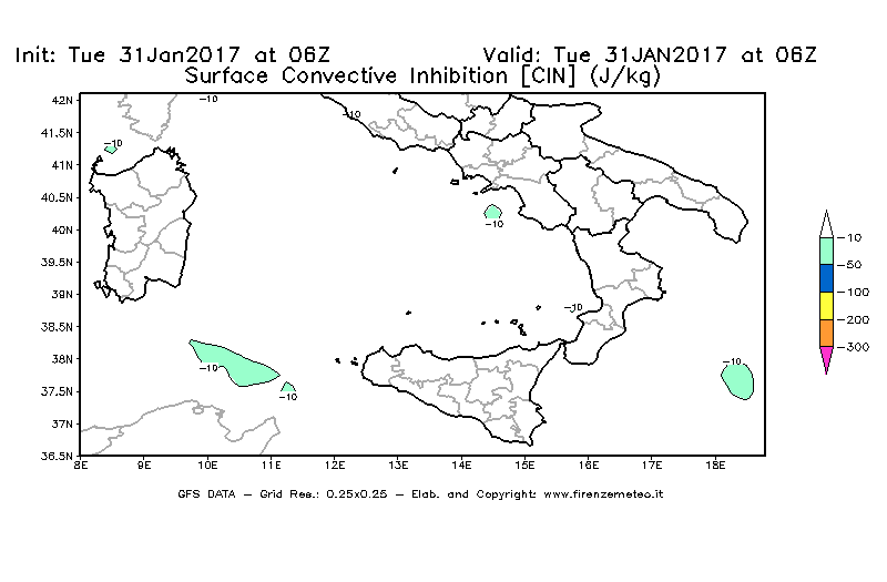 Mappa di analisi GFS - CIN [J/kg] in Sud-Italia
							del 31/01/2017 06 <!--googleoff: index-->UTC<!--googleon: index-->