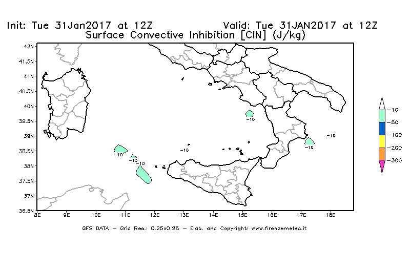 Mappa di analisi GFS - CIN [J/kg] in Sud-Italia
							del 31/01/2017 12 <!--googleoff: index-->UTC<!--googleon: index-->