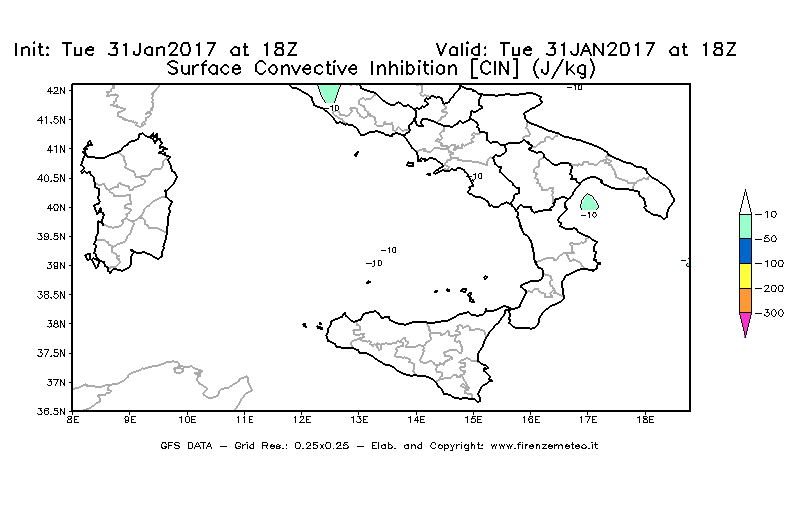 Mappa di analisi GFS - CIN [J/kg] in Sud-Italia
							del 31/01/2017 18 <!--googleoff: index-->UTC<!--googleon: index-->
