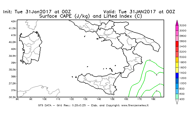 Mappa di analisi GFS - CAPE [J/kg] e Lifted Index [°C] in Sud-Italia
							del 31/01/2017 00 <!--googleoff: index-->UTC<!--googleon: index-->