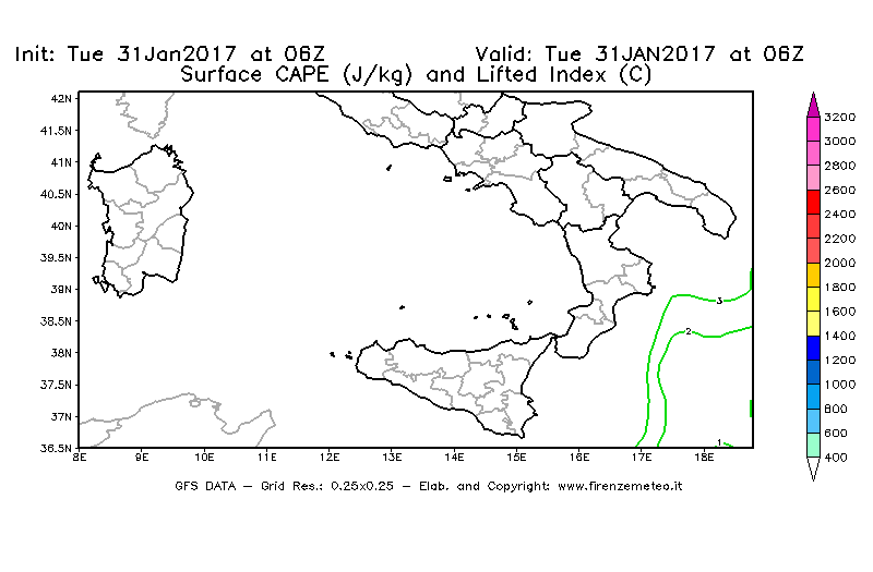 Mappa di analisi GFS - CAPE [J/kg] e Lifted Index [°C] in Sud-Italia
							del 31/01/2017 06 <!--googleoff: index-->UTC<!--googleon: index-->