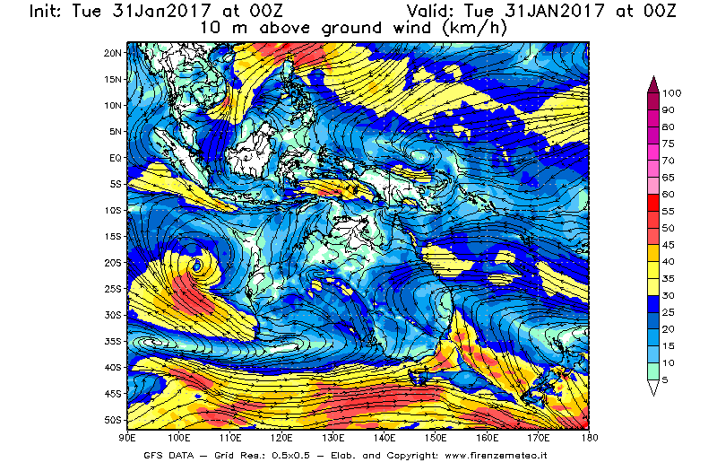 Mappa di analisi GFS - Velocità del vento a 10 metri dal suolo [km/h] in Oceania
							del 31/01/2017 00 <!--googleoff: index-->UTC<!--googleon: index-->